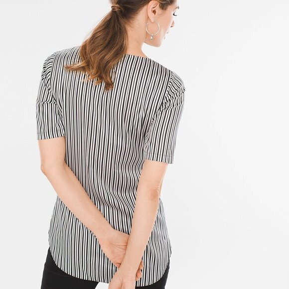 Chico's Black Label Black White Stripe Silk Short Sleeve Top - Picture 2 of 7